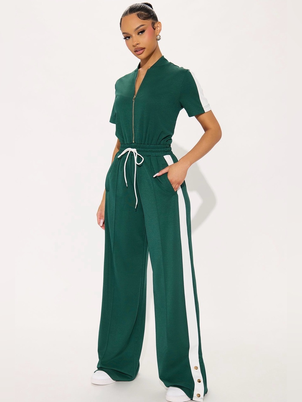 Fashion Nova Forest Green Wide-Leg Jumpsuit with White Side Stripes